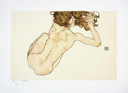 Lithographie Schiele - La fille aux cheveux roux, 1917 I Girl with red hair, 1917 (Kauernder Rückenakt / Crouching Nude, Back View)