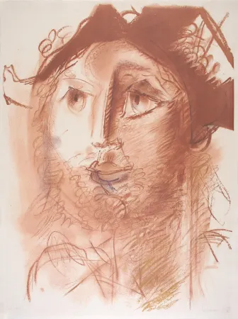 Lithographie Somville - Tête d'Arlequin - SEPIA