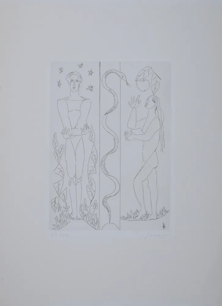 Gravure Survage - Jardin d'Eden : Adam et Eve, vers 1930 - Hand-signed