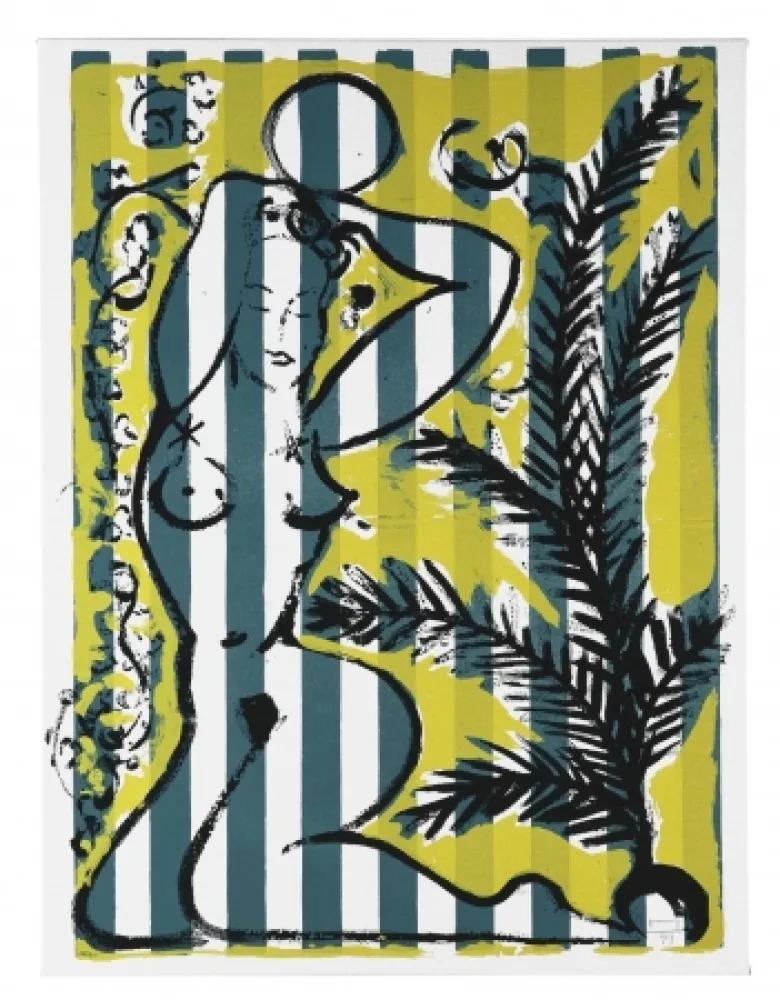 Sérigraphie Szczesny - Nude with Palms on Green Stripes