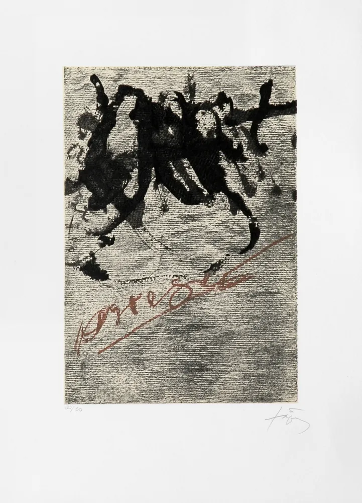 Lithographie Tàpies - Petite écriture marron