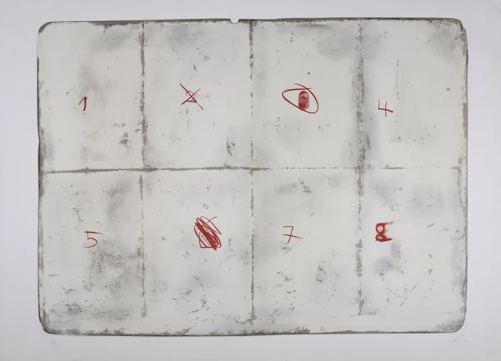 Lithographie Tàpies - Toile pliée et chiffres, 1974 - Hand-signed