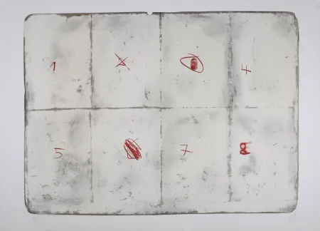 Lithographie Tàpies - Toile pliée et chiffres, 1974 - Hand-signed