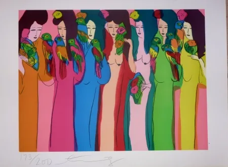 Lithographie Ting - Geishas et perroquets