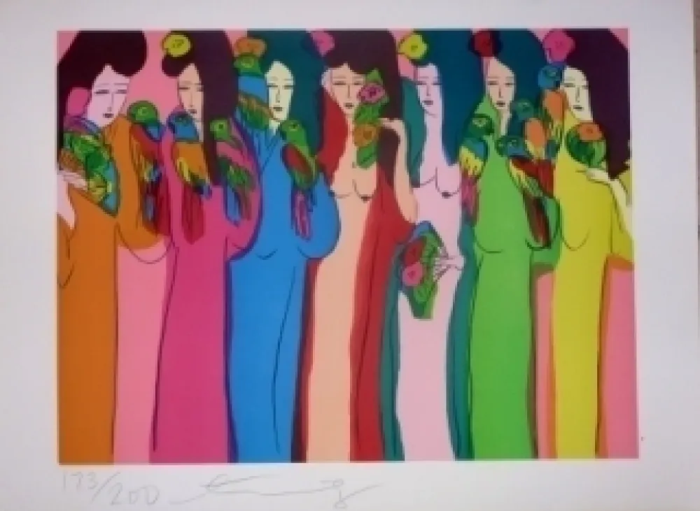 Lithographie Ting - Geishas et perroquets