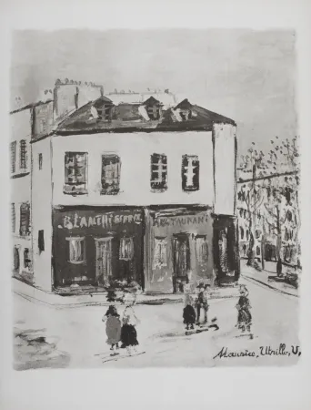 Lithographie Utrillo - Blanchisserie et restaurant, Montmartre, 1950