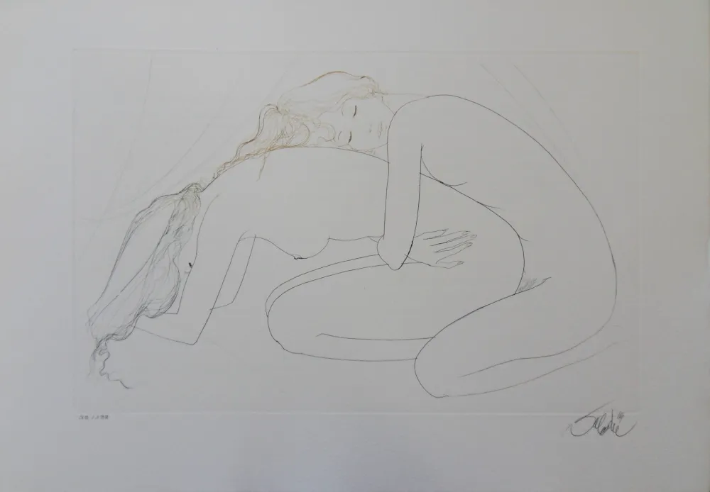 Gravure Valadie - Les amantes blotties l'une contre l'autre