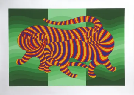 Sérigraphie Vasarely - Two Tigers on Green