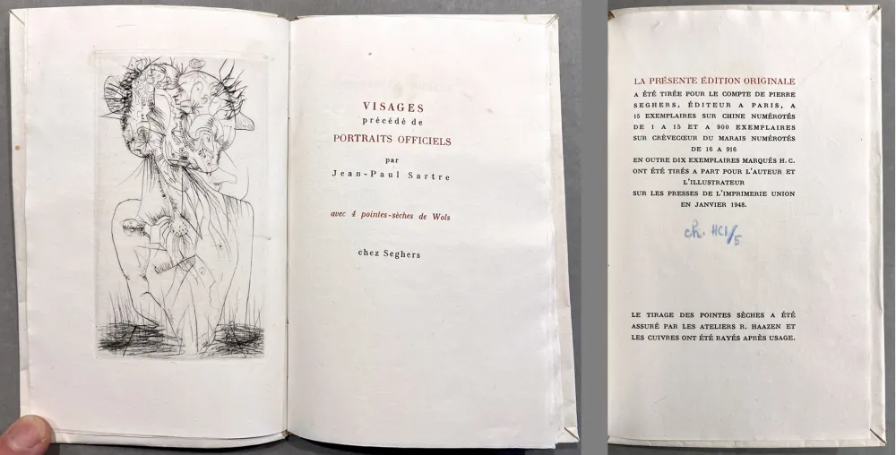 Livre Illustré Wols - Sartre. VISAGES. 4 pointes-sèches de Wols. 1 des 15 ex. sur Chine (1948)