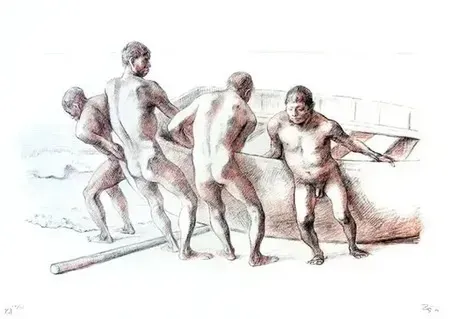 Lithographie Zuniga - Hommes à la barque II, (1984)